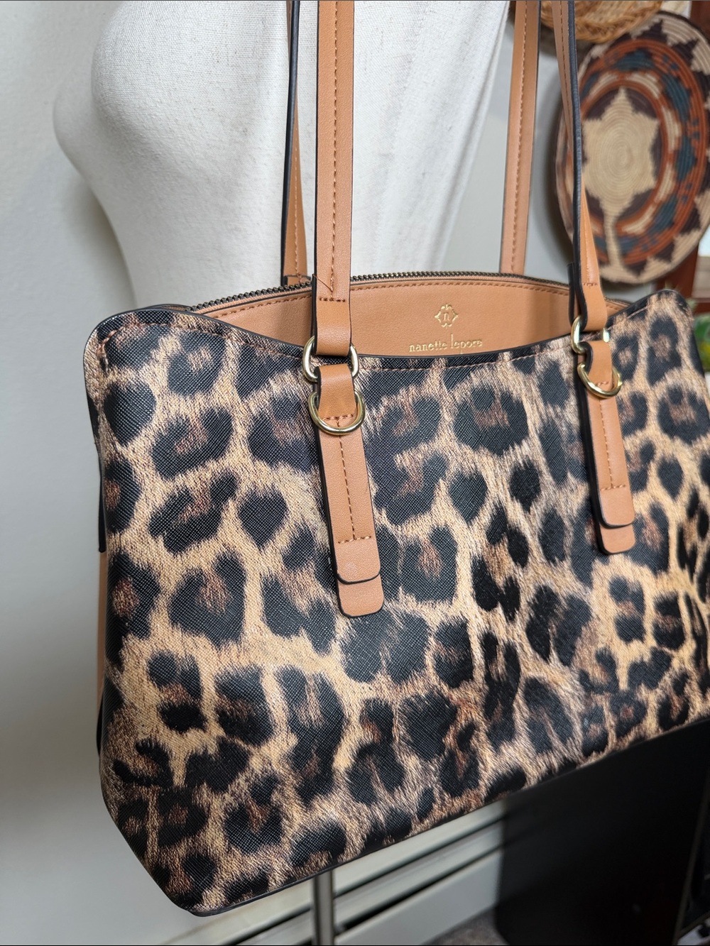 Nanette Lapore Liam Triple Section Shoulder Bag Cheetah Print Tan Vegan Leather - Picture 2 of 14
